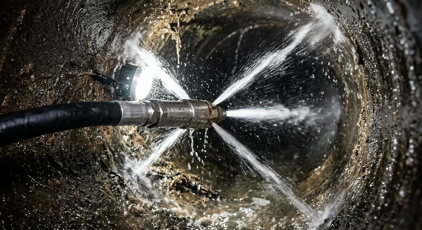 High-pressure hydro jetting nozzle cleaning sewer pipe for Sewer Cleanout in Incline Village