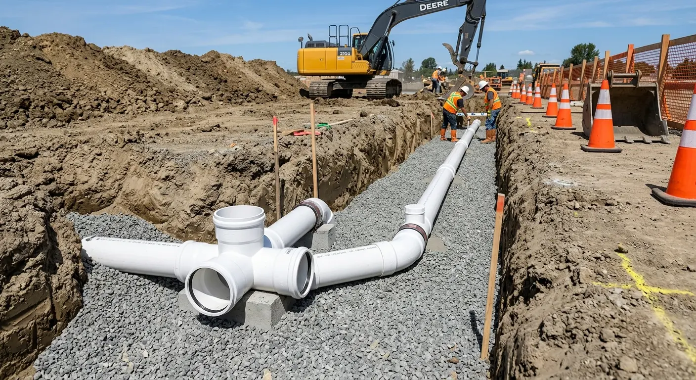 New PVC sewer pipe installation in open trench for Commercial Drain Cleaning in Incline Village