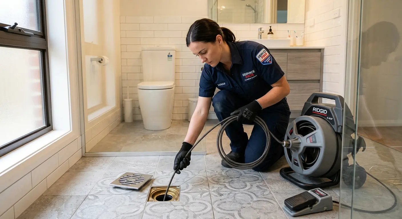 Technician clearing a bathroom floor drain for Drain Cleaning in Incline Village